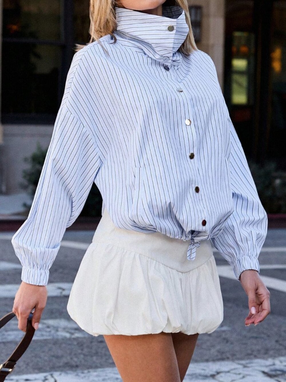 Blue And White Casual Women's Relaxed High Neck Long Sleeve Striped Button Shirt